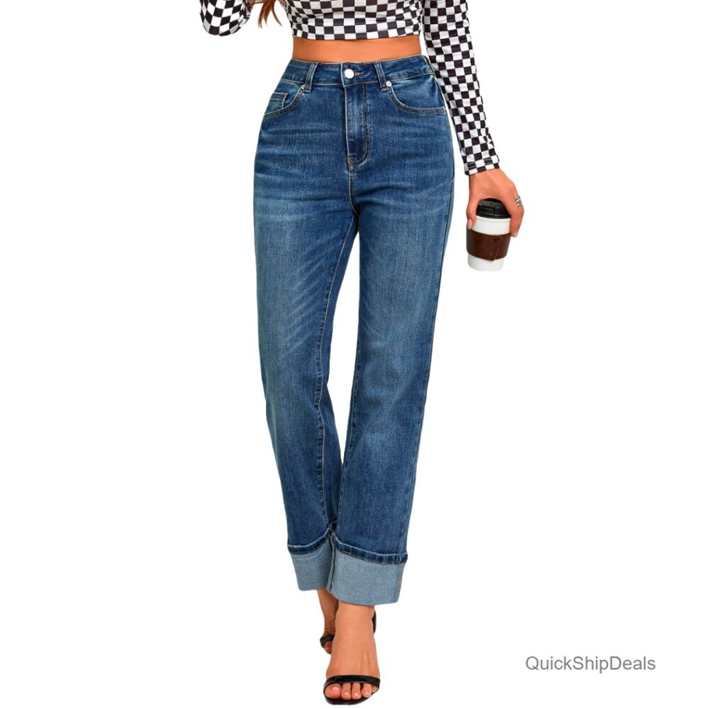 High Waisted Stretchy Straight Leg Jeans Tummy Control Ankle Fold Hem